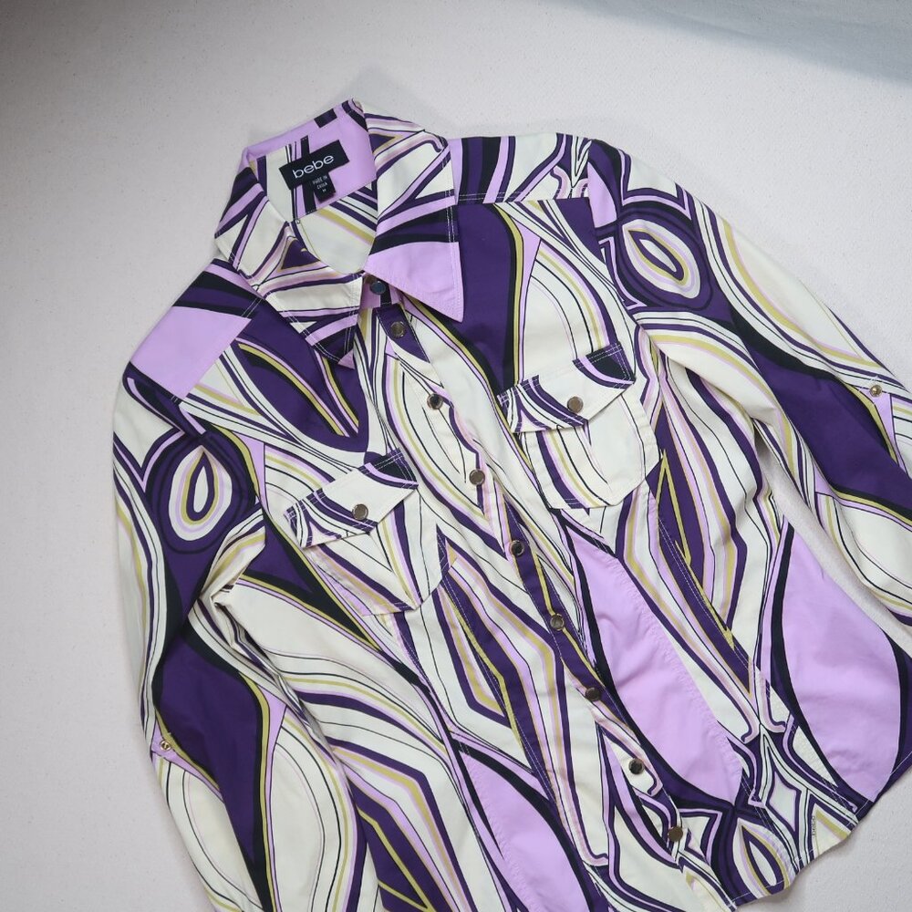 Vintage Bebe Purple Collard Snap Button Long Sleeve Blouse - Picture 2 of 16